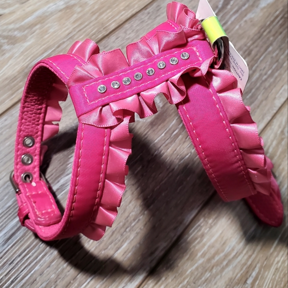 Hot Pink Ruffled Rhinestone Dog Harness With Silver Tone Buckles Collar Size XS